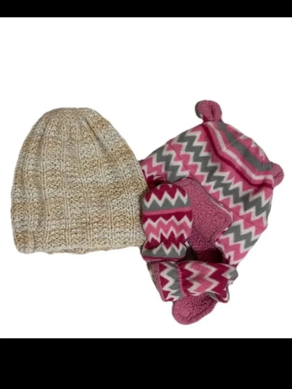 Fleece Knit Winter Beanie Hats & Mitten Baby Toddler Girls Pink & Cream Chevron